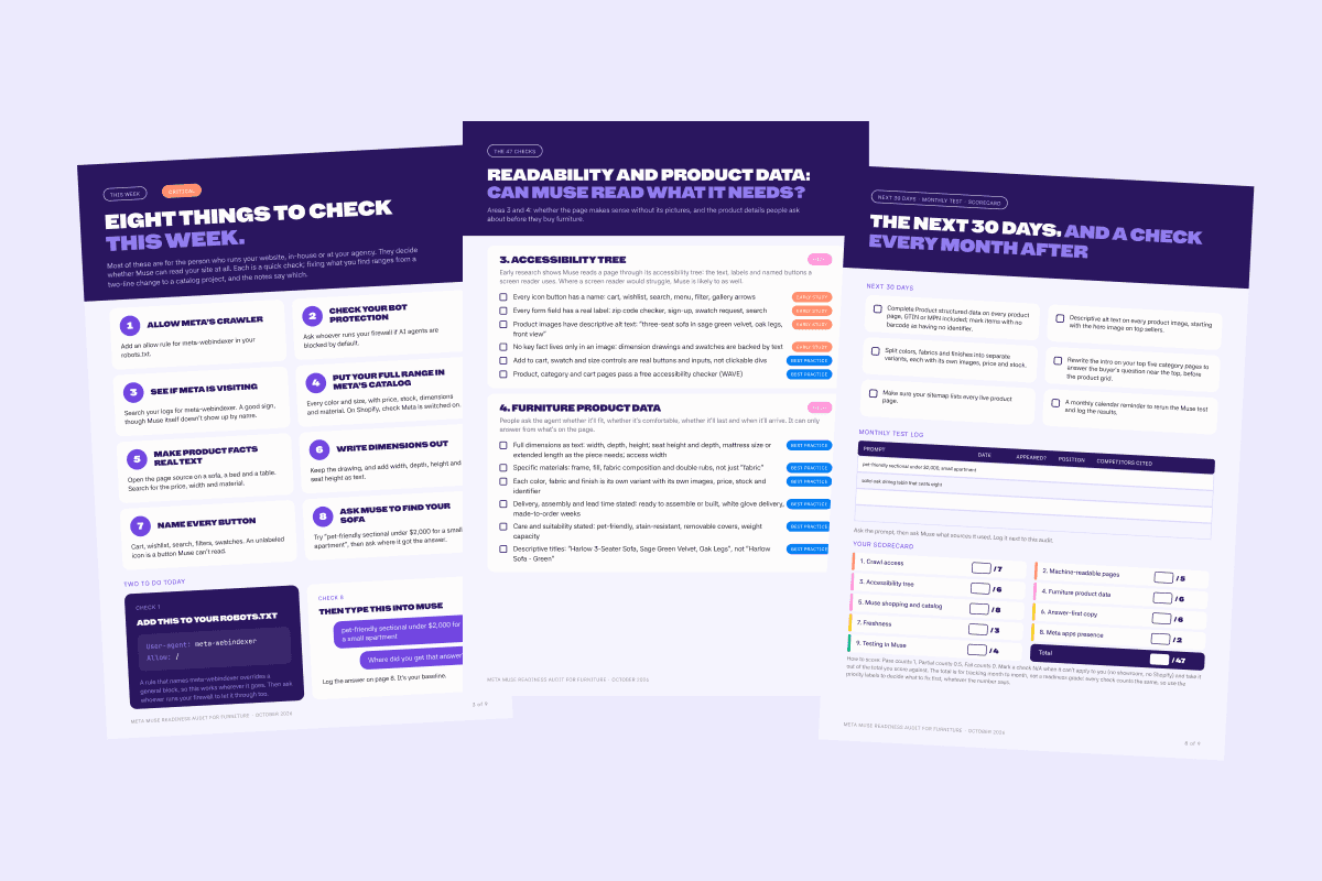 Three inside pages of the audit: This week, Product data and Scorecard