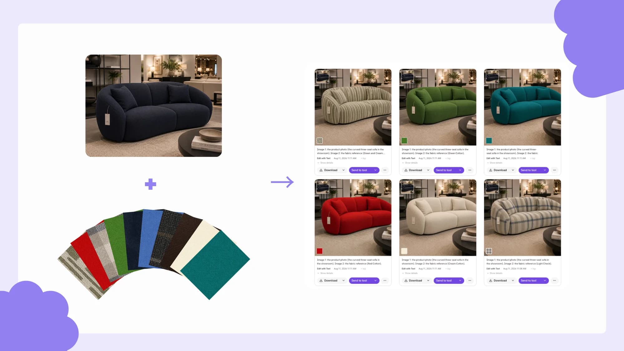 What comes in: one product photo and one fabric swatch. What comes out: the same sofa rendered in six real fabrics.