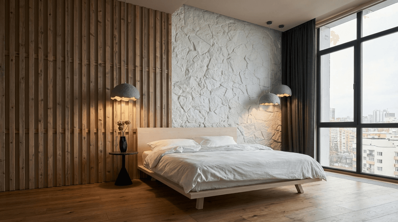 Bed staged in modern loft setting