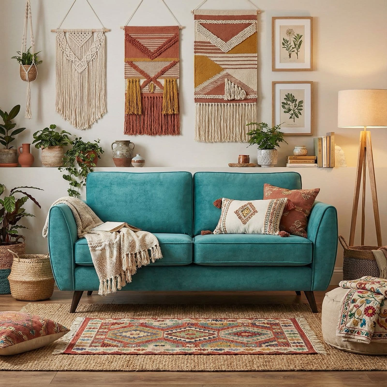 Bohemian furniture lifestyle scene — Layered, maximalist corner