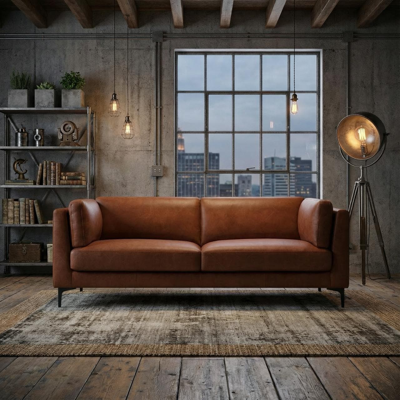 Industrial furniture lifestyle scene — Loft-inspired, cinematic light